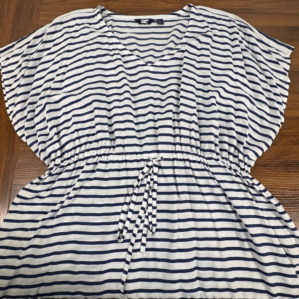 Lands' End Navy and White Striped V-Neck Drawstring Swim Coverup - Picture 3 of 8